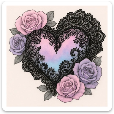 pastel goth heart with pastel roses and black lace sticker