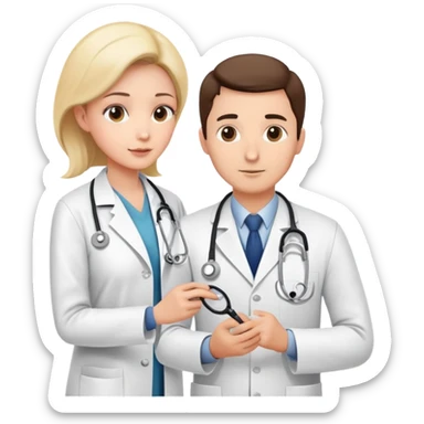 Doctor in white coat examining patient with stethoscope during cancer screening, medical checkup in clinic sticker