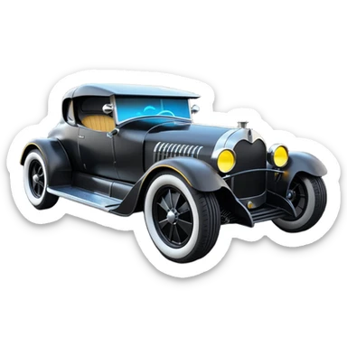 Mad max luxurious survival apocalypse ghostly sporty antique electric Darth Vader’s Batman-armored 1926 black graphite colored enclosed twin seat town coupe with horizontal holographic 3d stars painted on the body sides and neon under glow  sticker