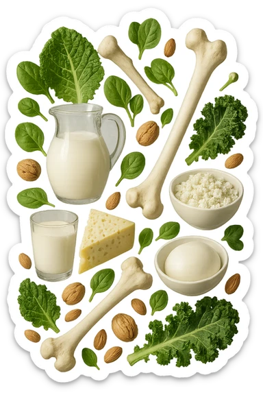 latticini, verdure a foglia verde, frutta secca fluttuano in aria insieme ad ossi umani realistici, iperrealistici 4k sticker