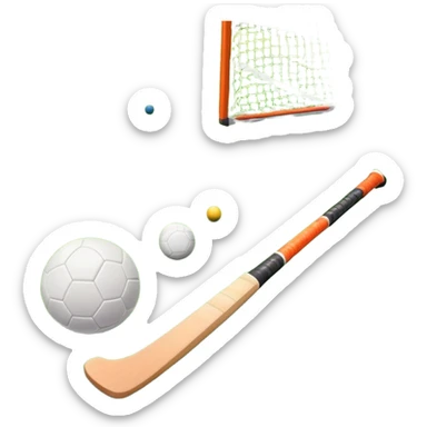 A field hockey stick and ball on a vibrant green grass field, with goalposts and clear field markings in the background. The scene emphasizes the bright, lush grass, highlighting the fast-paced and strategic nature of hockey on a well-maintained pitch. sticker