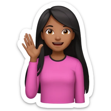 Chocolate brown girl wearing a pink shirt with long straight jet black hair giggling, she has one hand behind her back and one over her mouth  sticker