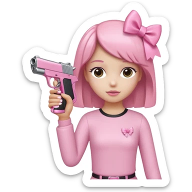 Minimalist figure with a cute pink aesthetic. It has a sparkly pink bow on its head, a pink gun in one hand, and is holding a large pink Stanley tumbler cup in the other hand. The background is simple white with a soft shadow for a clean look. sticker