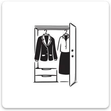 Hand-drawn minimalist wardrobe, slightly open revealing neatly arranged business attire sticker