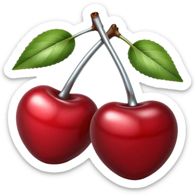 A pair of cherries emoji made of polished silver chrome, smooth rounded shapes, glossy metallic finish, soft highlights and reflections, cute proportions, iOS emoji style, centered, clean white background, no text sticker