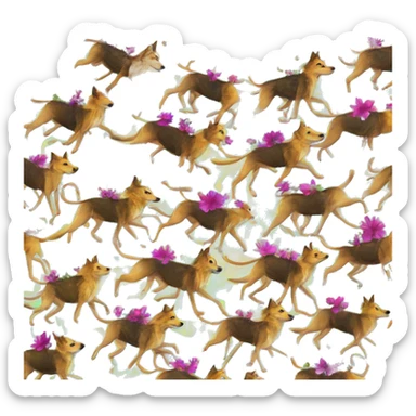  brindle brown black maroon striped lurcher Alsatian fox running blue eyes and iridescent holographic oilslick harness wearing paper iridescent tropical flower crown yellow caution tape sticker