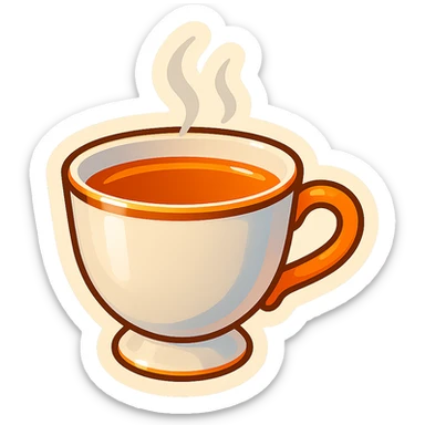 Hermès-style cup of tea, minimal design, Hermès orange handle, gold rim, cute emoji style, with steam, on white or transparent background sticker