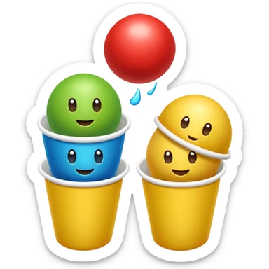 Cute 3D cartoon emoji sticker of a cup and ball shell game with three glossy plastic cups (blue, green, red) and a yellow ball, soft lighting, smooth shadows, playful, white sticker outline, transparent background, high resolution. sticker