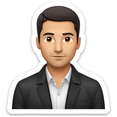 Handsome athletic Hispanic man in his late 40s with tan complexion, short black hair with defined fade haircut, light stubble/scruff on face, square masculine face with defined jawline, neutral-friendly TV presenter expression, open black jacket with white shirt sticker