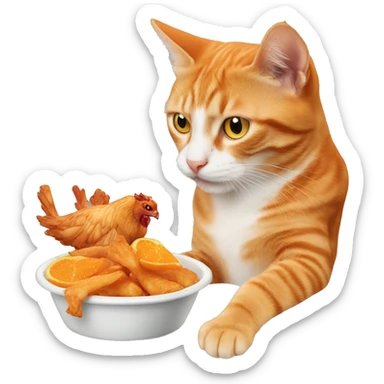 orange cat eating a chicken wing  sticker