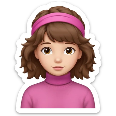 brown fluffy haired girl with pink turtleneck sweater and hair band sticker