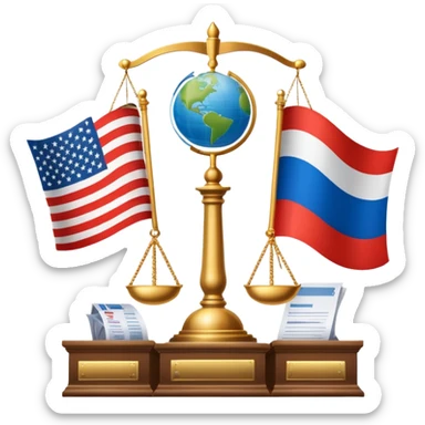 icon featuring podium with a speaker, russian and american flags, and voting ballots. The design includes a globe and scales of justice in the background, representing governance, global affairs, and political theory. Transparent background emphasizes civic engagement and policy. sticker