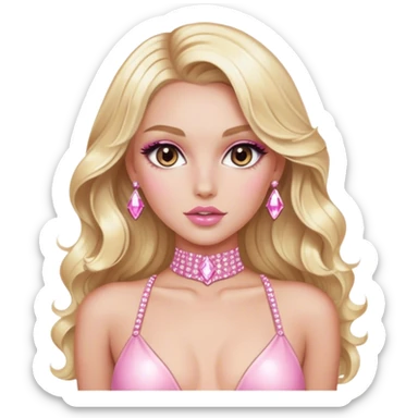 Luxury blonde model, brown eyes, sleek wavy hair, diamanté rhinestone covered pink bodysuit  sticker