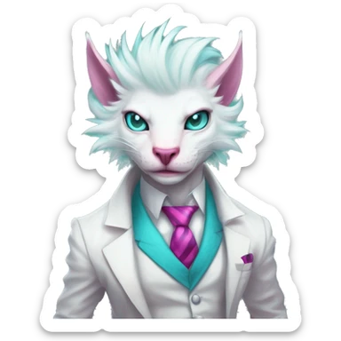 White elegant beautiful natural cute badass epic anthro modern albino Trico-vernid-Fakémon with cyan mane and magenta eyes with cyan edgy stripes, anthropomorphic, two-legged, digitigrade, full body sticker