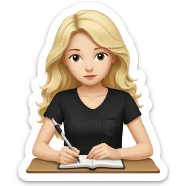 a beautiful blonde with long wavy hair-in-a-black-t shirt-a writes in a diary with a pen sticker