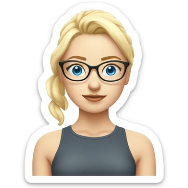 a blue-eyed blonde in glasses and a sertum in her nose does yoga in sticker