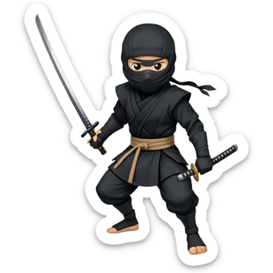  A emoji cartoon-style digital illustration of a ninja dressed in a full black outfit with a face mask, leaving only the eyes visible. The ninja has a serious and focused expression. A katana sword is strapped to their back, with the handle visible over one shoulder. The background is plain white sticker