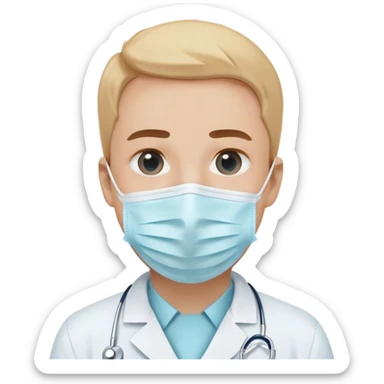 A minimalistic bust of a dentist wearing a white coat with a light blue shirt underneath. The figure has a simple white surgical mask covering the mouth and nose, with visible focused eyes. A small tooth icon is subtly placed on the coat instead of a red cross. The design is sleek and modern, with smooth lines and soft shading. The background features a minimal, abstract dental symbol such as a tooth outline or a small dental tool (mirror or scaler). No extra details, keeping a clean, professional, and minimalistic emoji style sticker