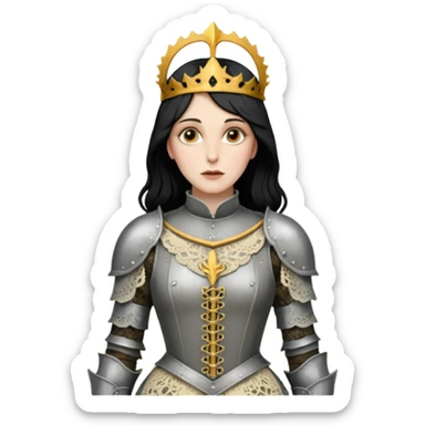 realistic cinematic actress Cher in Victorian lace styling like Joan of Arc dirty damaged armor in a forest sticker