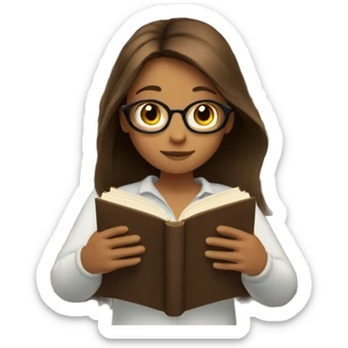 A girl with long brown hair reading a book without glasses sticker