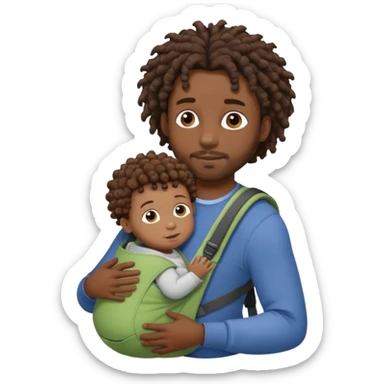 Dark skinned black Dad, with short dread locks with his brown curly haired baby in carrier baby sticker