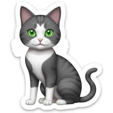 full body view of beautiful female solid dark grey cat with green eyes, white toes/paws and white patch on her chest sticker