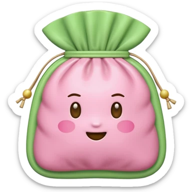A Korean fortune pouch (bokjumeoni) in iPhone emoji style, pastel pink and light green colors, soft 3D glossy texture, centered, no outlines, transparent background. no face sticker