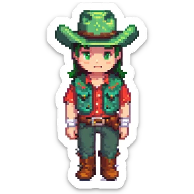Cowboy with a green hat without a star, western clothes sticker
