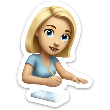 White Smart girl with blue eyes and light skin doing Homework on a desk writing on a piece of paper  sticker