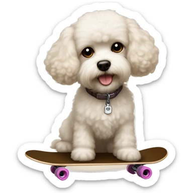small dog with light tan curly fur, very very long ears down. dark brown eyes, mouth closed. on a skateboard bichon mix sticker