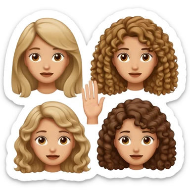 Embarrassed face with hand up, then three different female emojis: woman with long hair, short hair, and curly hair sticker