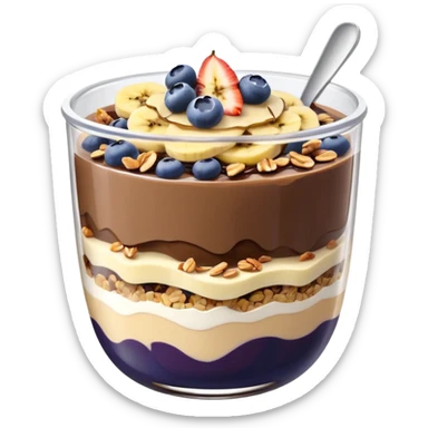 Açai bowl in a clear cup with layers of biscof , nutlella, granola, condensed milk and banana sliced and blueberrys on top sticker