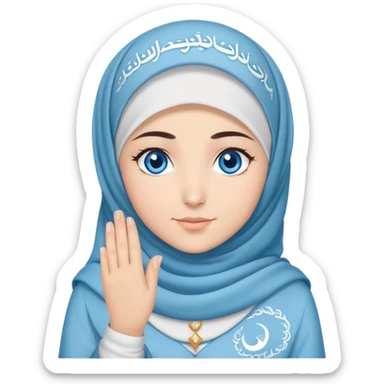 Turkish beautiful finish Konya girl blue eyes with cloudy hijab islamic dress and had on her hand text Eid Mubarak  sticker