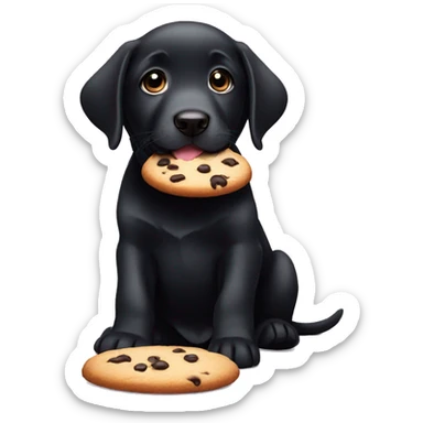 sweet black labrador puppy with big eyes eats a cookie sticker