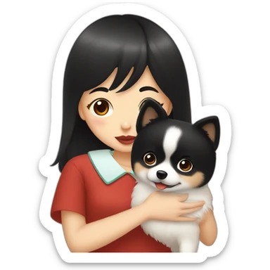 east asian girl with short black hair kissing pomeranian sticker