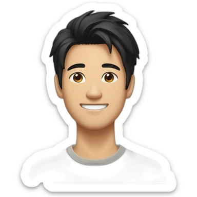 guy, black hair, medium length hair, in his 20s, very asian, smiling, t-shirt only, slight brown skin,  sticker