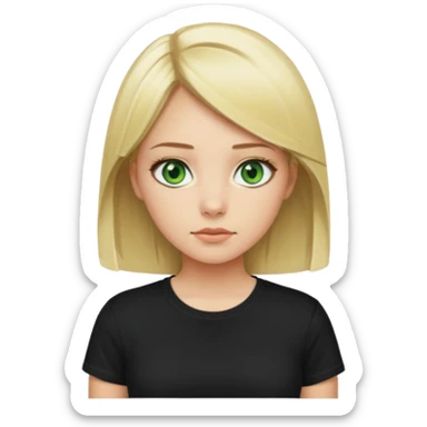 Girl with green eyes, blonde with straight medium length hair, and front buckles to the chin, in a black skims t-shirt sticker