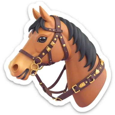 Hermès-style horse head with detailed leather harness and gold accents, luxury, 3D style sticker