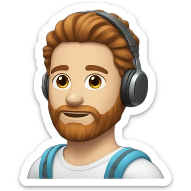 Man with brown hair bun and red beard blue eyes headphones  sticker