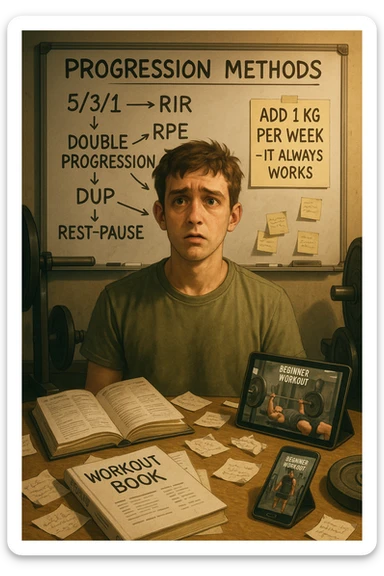 Giovane neofita in palestra, con uno sguardo perso davanti a una lavagna piena di metodi di progressione (5/3/1, RIR, RPE, double progression, DUP, rest-pause). È circondato da libri di allenamento e video tutorial su tablet e smartphone. Dietro di lui, un cartello piccolo ma chiaro: 'Aggiungi 1 kg a settimana – funziona sempre'. Atmosfera caotica intorno, ma luce calda sul messaggio semplice sticker