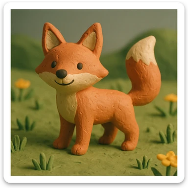 fox with a bushy tail, standing alert, cheerful and cute, in a grassy meadow, claymation style sticker