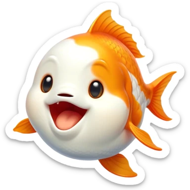 Cinematic Cute Yawning Orange and White Goldfish Portrait Emoji, Head tilted slightly with a dramatic, wide-open yawn, showcasing a smooth body with a balanced blend of orange and white, graceful fins slightly drooping, round golden eyes barely open in drowsy contentment, Simplified yet irresistibly adorable features, highly detailed, glowing with a soft, cozy glow, high shine, relaxed yet expressive, stylized with a touch of whimsy, bright and endearing, soft glowing outline, capturing the essence of a sleepy yet affectionate goldfish, so drowsy it feels like it could float out of the screen and curl up for a nap! sticker