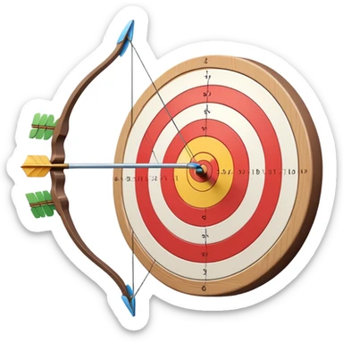 A bow with an arrow drawn back, aimed at a target with concentric rings. The background suggests a calm, outdoor archery range, emphasizing the precision, focus, and skill required in archery as a competitive sport. sticker