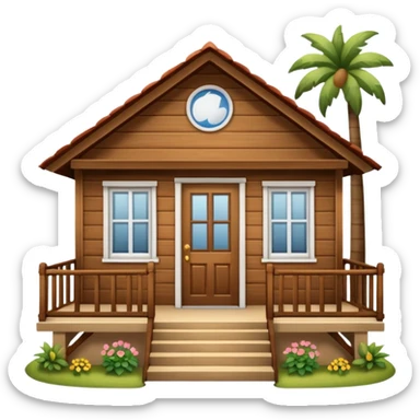 A wooden house typical of Puerto Rican rural neighborhoods, with a simple and cozy design featuring a central functional door, two symmetrical windows, a front porch with open railings, and space for a rocking chair. Emoji style, brown and wooden. sticker