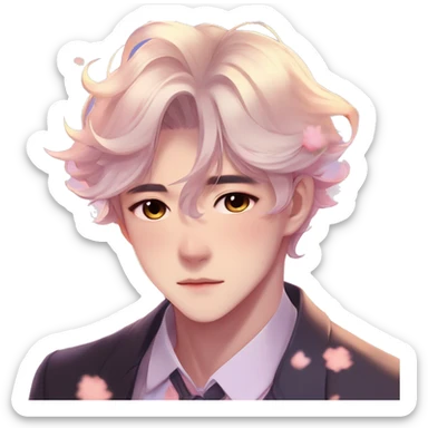 Gorgeous romantic anime style Asian formal modern gentlemanly guy with pretty hair and flower petals and blushing face aesthetic trending style outside with colorful gradient colors  pastelcore cottagecore kawaiicore sticker