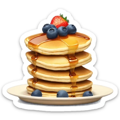 a stack of pancakes on a plate with syrup snd a small slice of butter on top and on the plate leaning on the pancakes have a half of a strawberry and 2 blueberries sticker