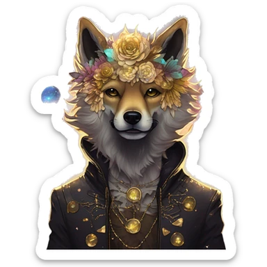 iridescent kintsugi fluffy zombie black brown gold dog fox head zombie skeleton gold mechanical nebula galaxy stars colorful flowers fairy lights vintage zombie sticker