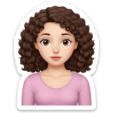 Aesthetic white girl with really long wavy/curly hair color dark brown, hair most be in front of the shoulders (hair in front of the shoulders). Big almond shape tired eyes color brown with dark circles, wide nose, natural lips, sweet expression. Dressed with a cute tight top color light pink. sticker
