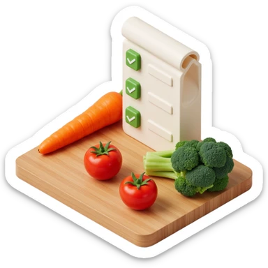 carrot tomato brocoli on the wooden cutting board with floating rolled paper list with green checkboxes sticker