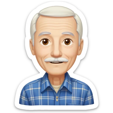 Elderly thin man with light skin. Elongated face with kind smile. Long straight white hair reaching down to chest, with some bangs. Light brown eyes. Thin eyebrows. White goatee and mustache. Very slim build. Wearing a blue and beige plaid shirt. sticker